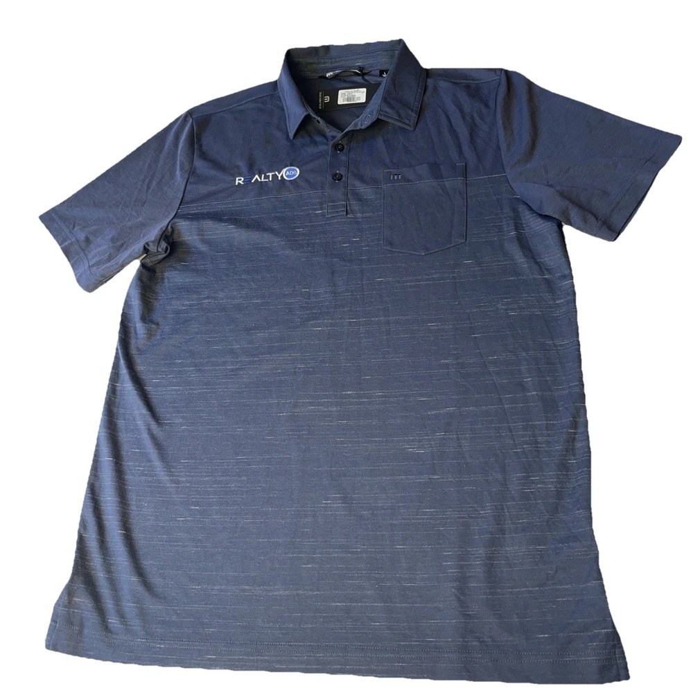NWT Travis Matthews Men's L Golf Tennis Polo Blue Pocket Realty Ads Logo